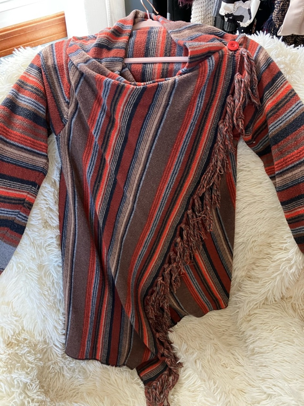 Striped Fringe Open Front Cardigan - Rust Multi - Picture 3 of 6